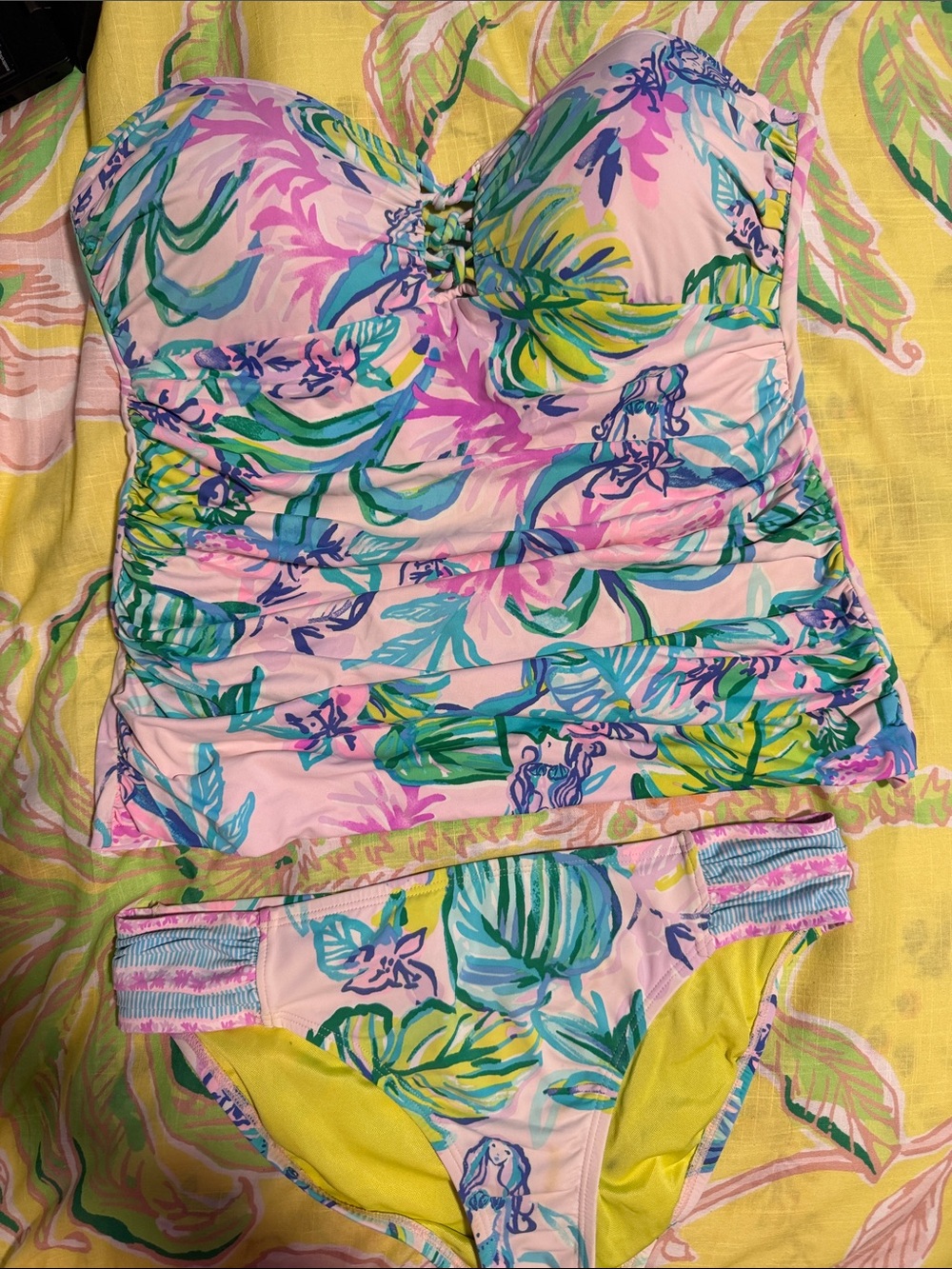 Pink Tropical Print Tankini Swimsuit Set